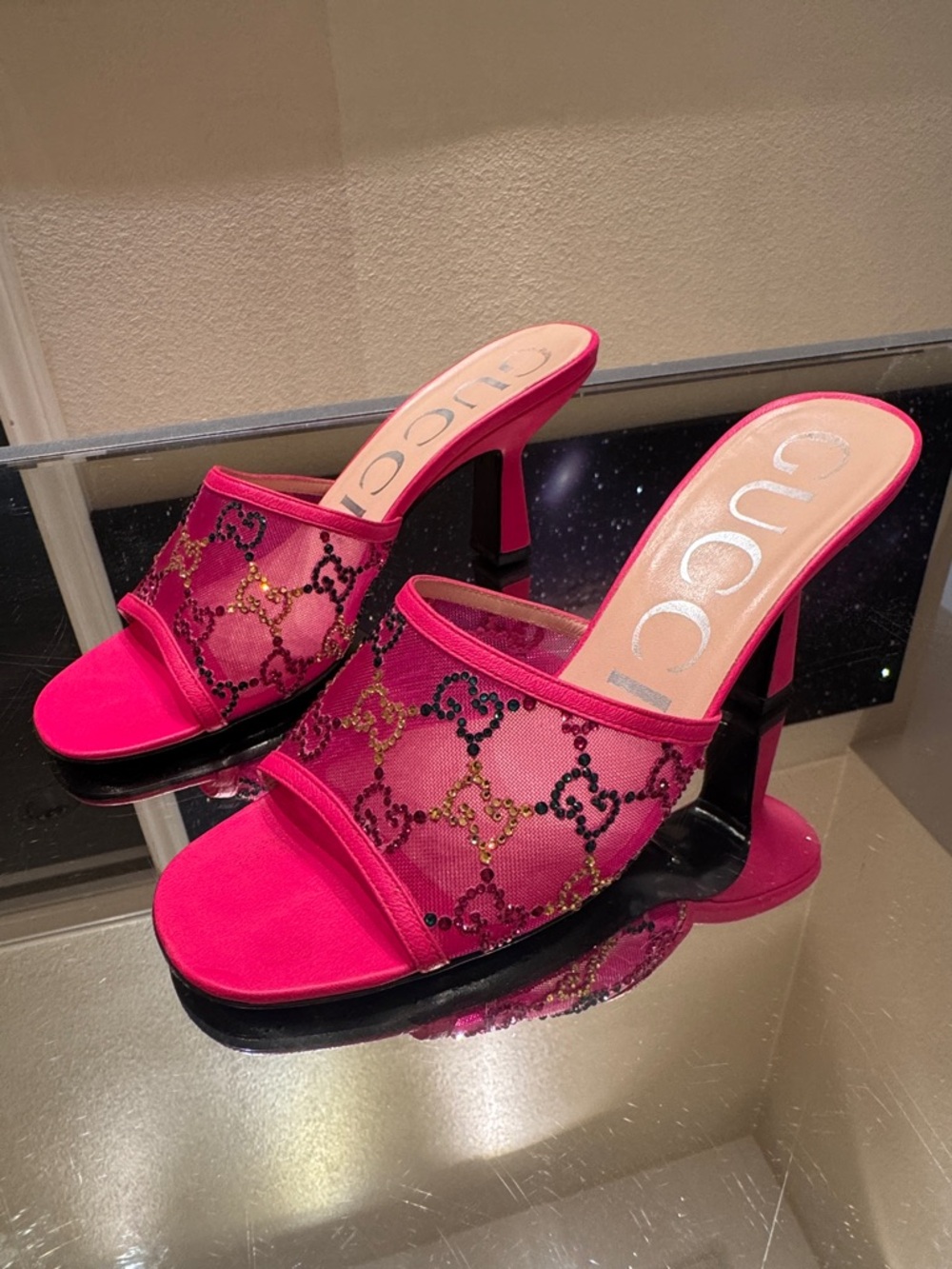 Gucci GG Monogram Demi Rhinestone Crystal Mesh Mules Heels